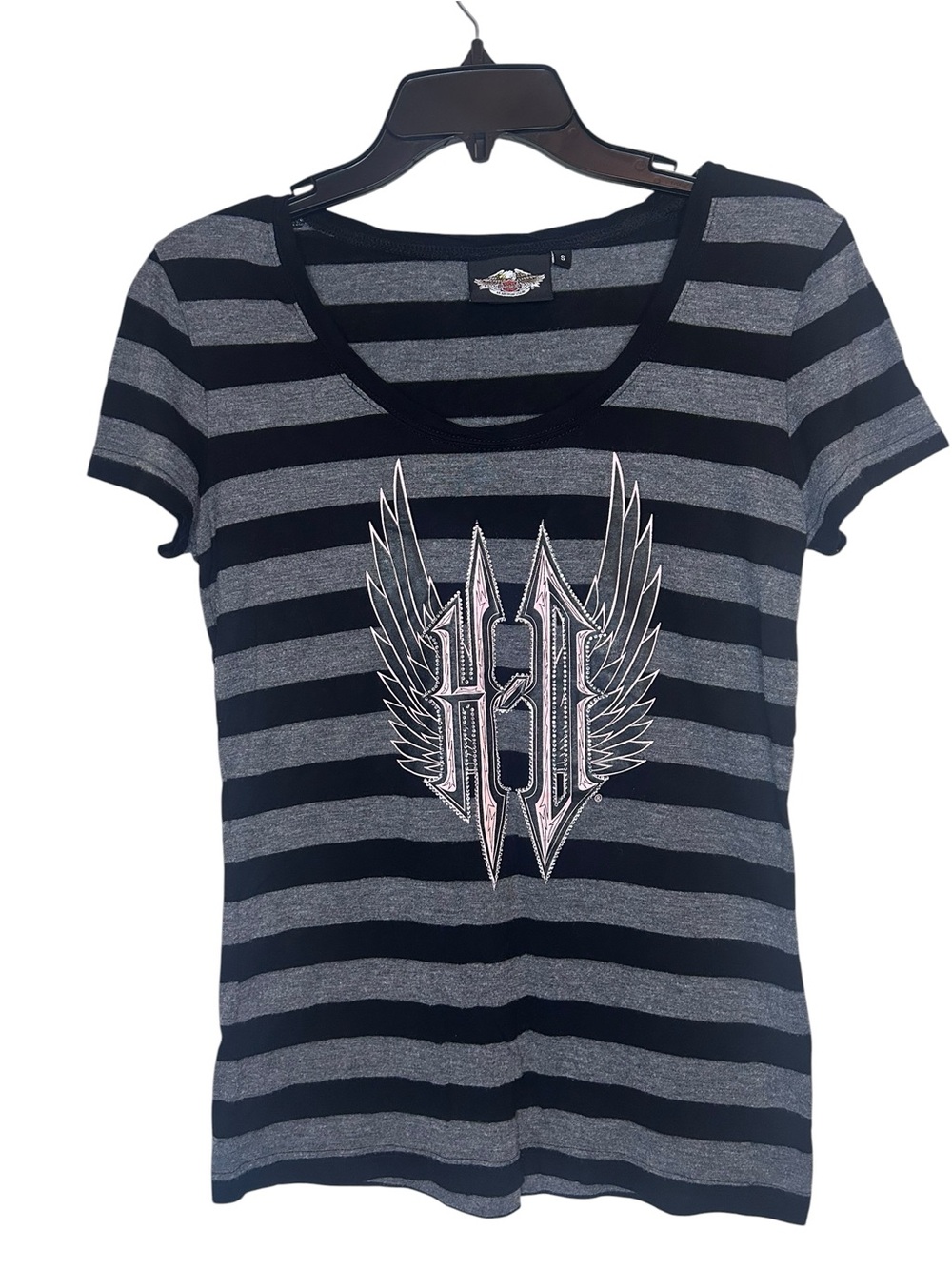 Harley-Davidson Black and Gray Striped Short Sleeve Tee with Winged Logo